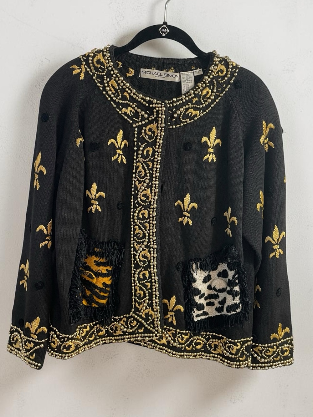 Vintage 1992 Michael Simon Fleur De Lis Beaded Embroidered Sweater Animal Print